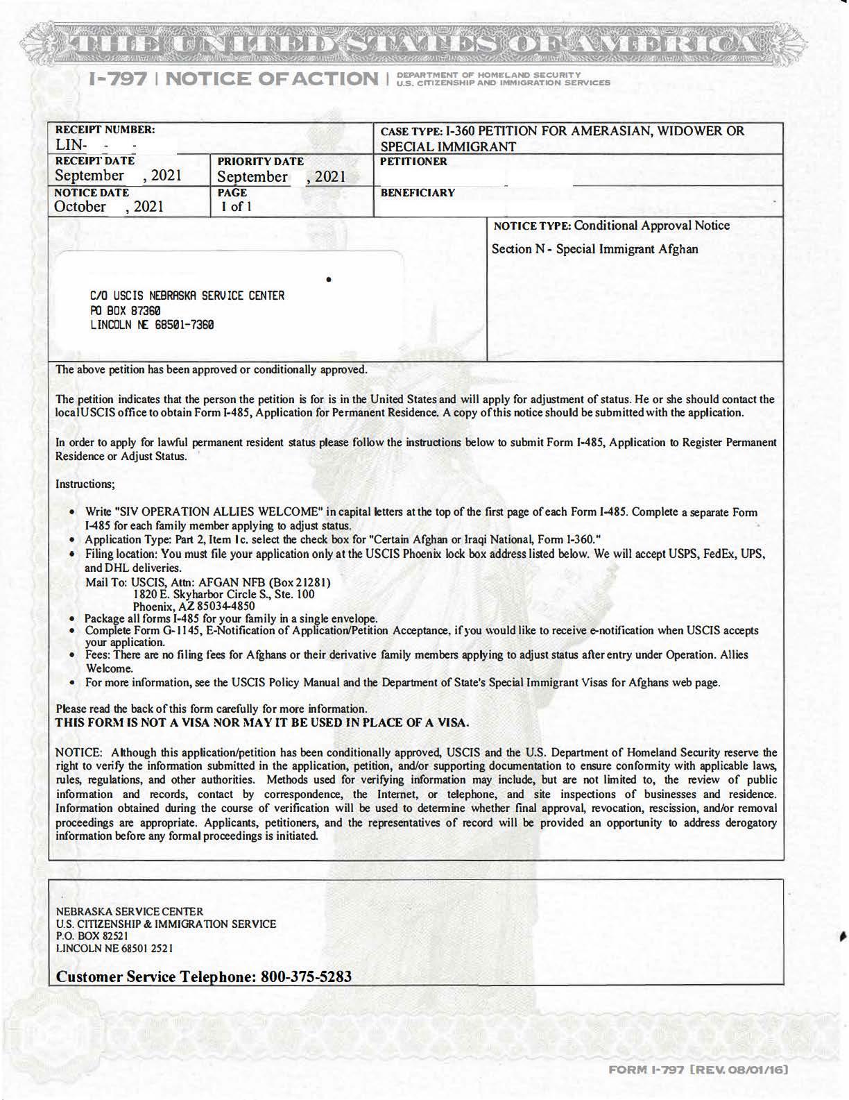 Scan of I-797 form letter from USCIS. It includes the receipt number and receipt date. It says that the petition has been approved and includes instructions on what to do next. The name and case number are redacted