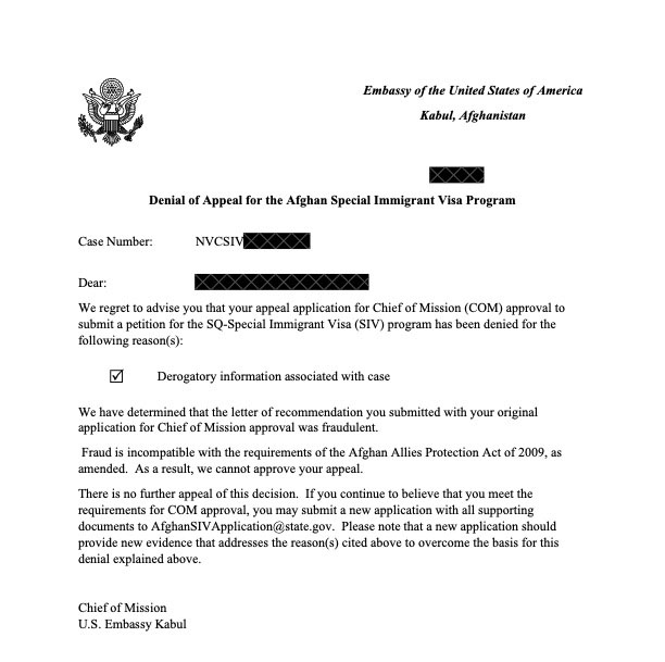Alternative text: This image shows a letter from the US Embassy in Kabul.  The letter says that the reader's SIV appeal application is denied.
