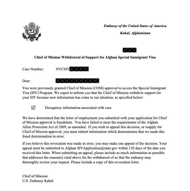 Alternative text: This image shows a letter from the US Embassy in Kabul. The letter says that the reader's SIV application is no longer approved.