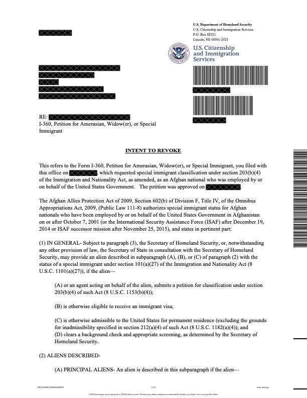Alternative text: This image shows a letter from U.S. Citizenship and Immigration Services.  The letter says that the reader's SIV is revoked.