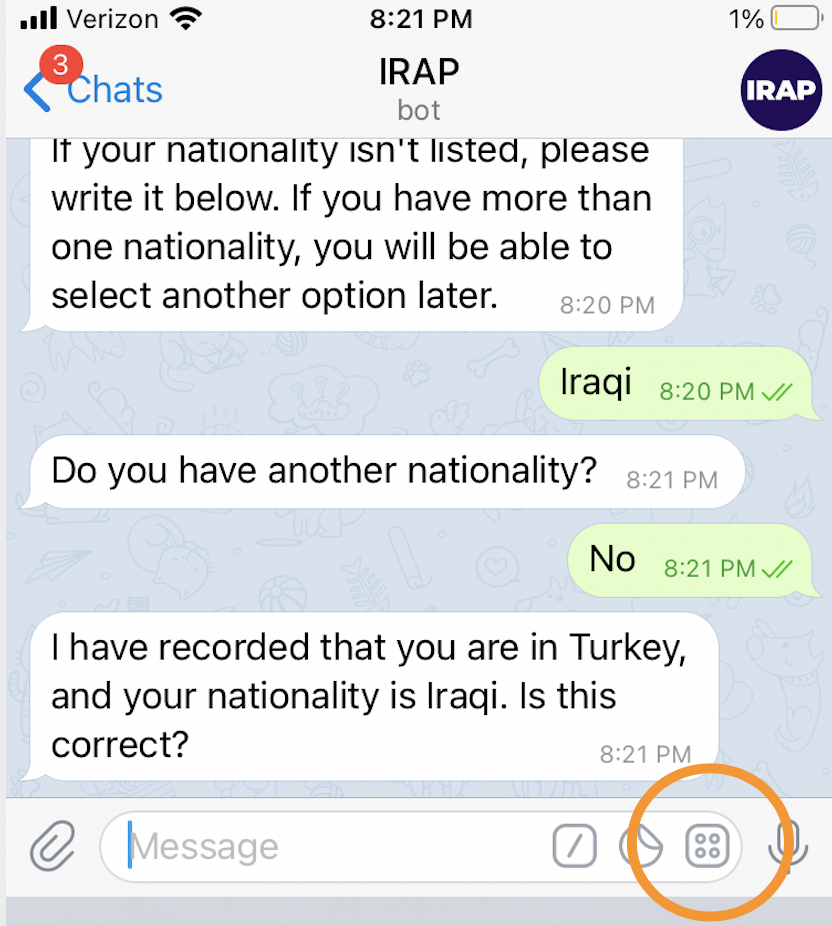 screenshot of Telegram conversation with a circle around the window icon