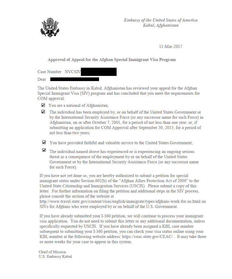 Scan of a letter on letterhead of the United States Embassy in Kabul, granting approval for the Afghan Special Immigrant Visa program. The name and case number are redacted.