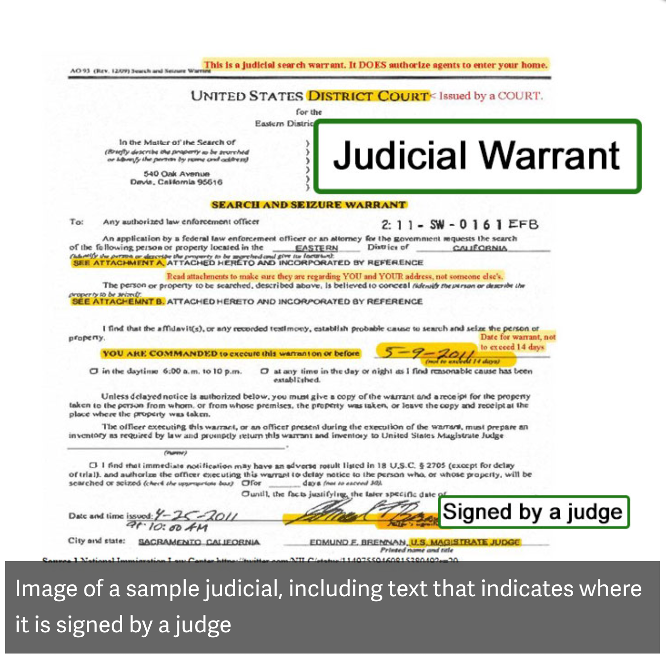 Image of a sample judicial warrant, including text that shows where it is signed by a judge