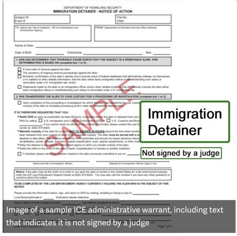  صورة لنموذج مذكرة إدارية صادرة عن ICE، تتضمن نصًا يوضح أنها غير موقعة من قِبل قاضٍ
