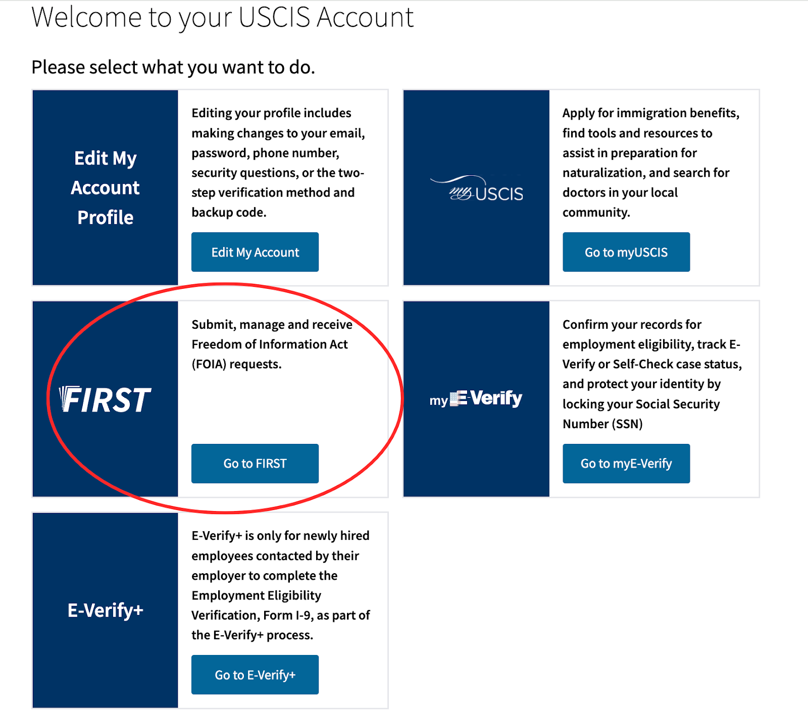 il s'agit de l'écran d'accueil de votre compte USCIS. Vous avez le choix entre cinq options. Vous devez sélectionner la troisième option intitulée « First: Submit, manage and receive Freedom of Information Act (FOIA) requests » (Première étape : soumettre, gérer et recevoir des demandes FOIA).