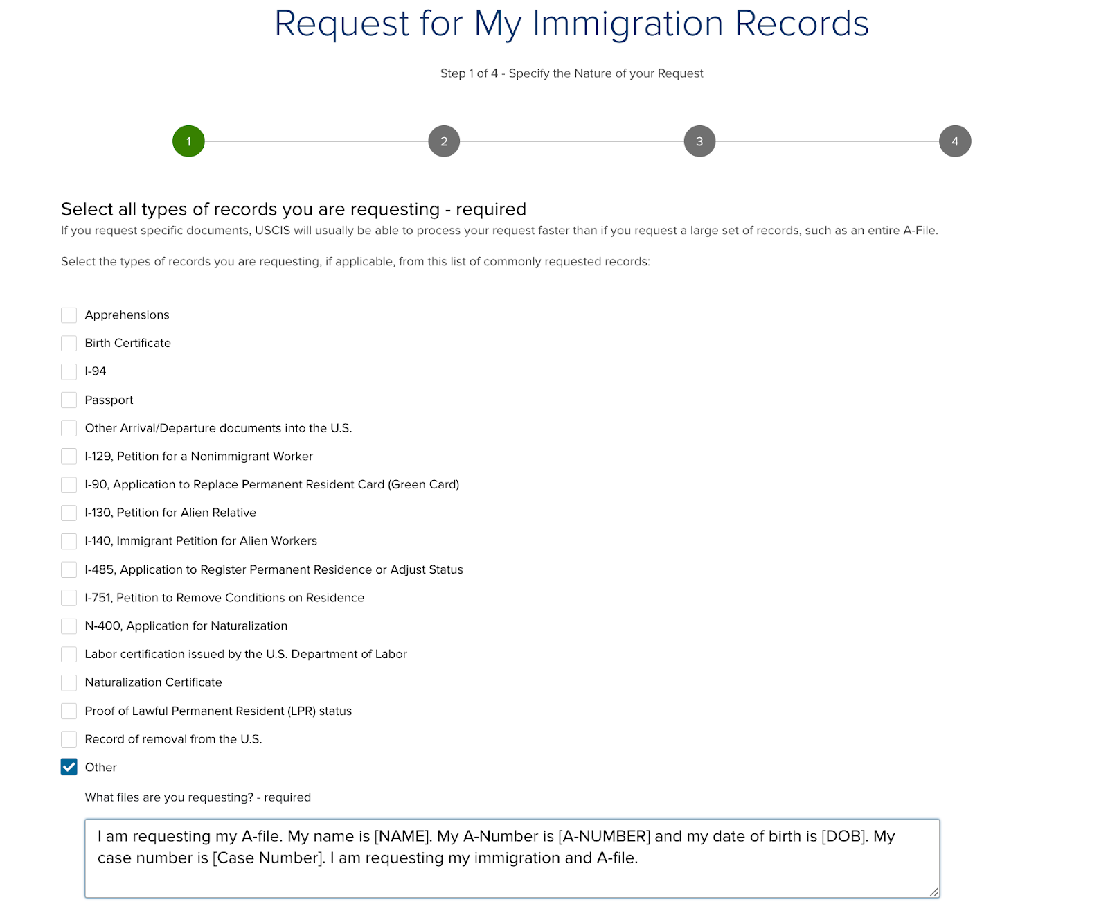 il s'agit d'une capture d'écran de la page web contenant la question demandant la raison de la demande FOIA.