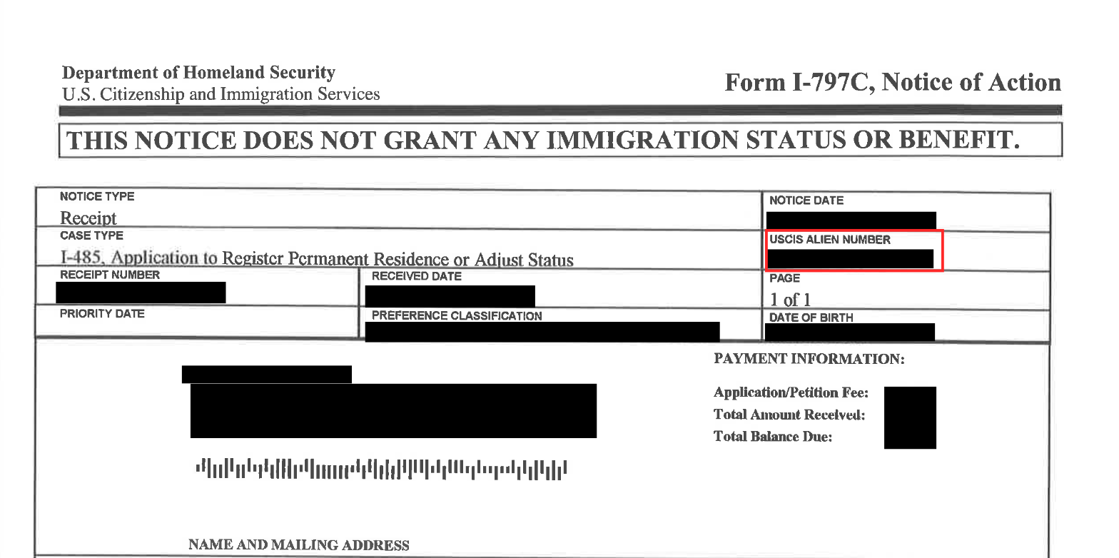 il s'agit d'un formulaire I-797C avec le numéro d'étranger de l'USCIS mis en évidence.
