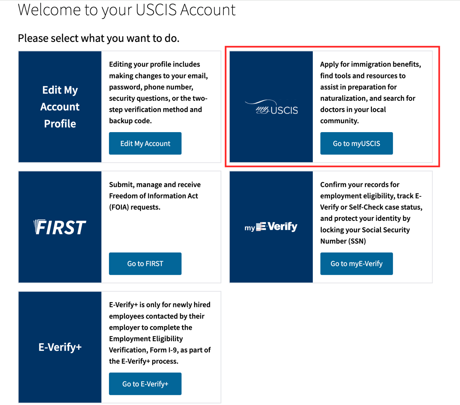 Это домашняя страница USCIS. My USCIS выделено.