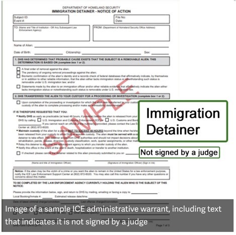 image d'un exemple de mandat administratif de l'ICE, comprenant un texte indiquant qu'il n'est pas signé par un juge