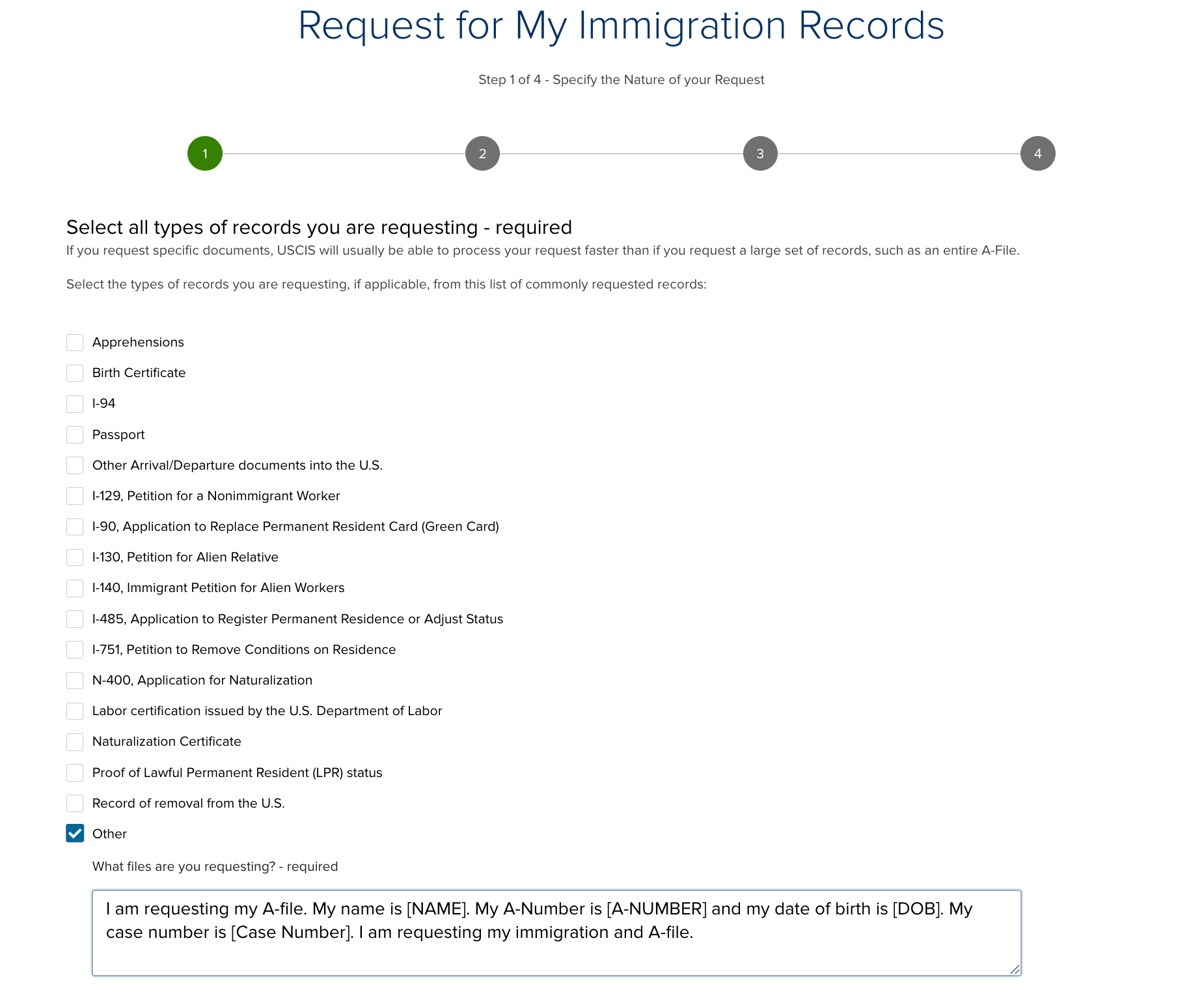 Il s’agit d’une capture d’écran de la page web contenant la question demandant le motif de la demande au titre de la loi FOIA.